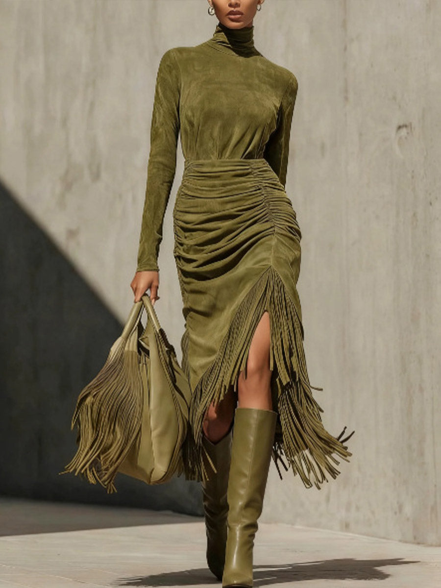 Women's Solid-color Stand-collar Long-sleeve Casual Slim-fit Tassel Dress