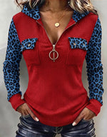 Fashionable Leopard-print Panel Ribbed Hoodie