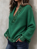 Christmas Sequin-embellished Deep V-neck Knit Top