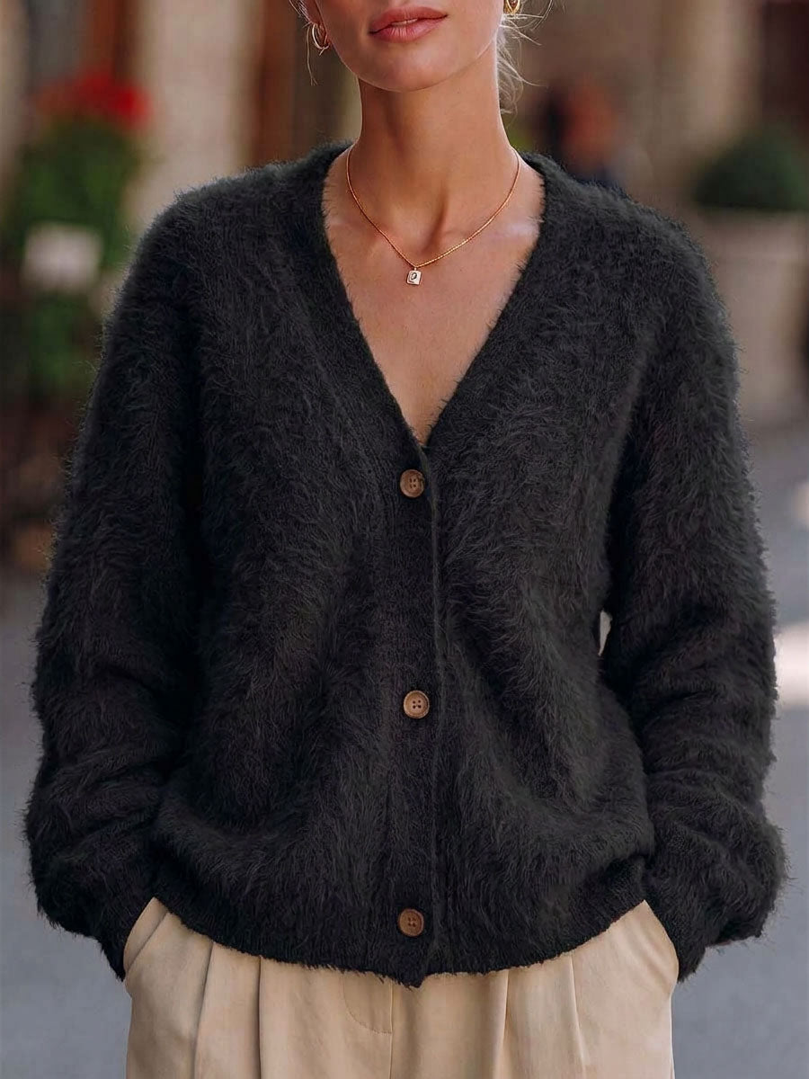 Women's Solid Color V-neck Long Sleeve Casual Loose Knit Cardigan