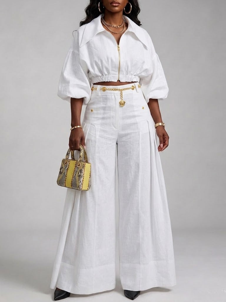Casual Two-piece Set Featuring A Cropped Linen-cotton Jacket With A Front Zip And Wide-leg Trousers.