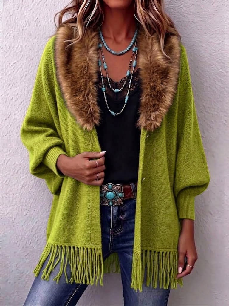 Loose-fit Knit Cardigan With Fur Collar And Tassels