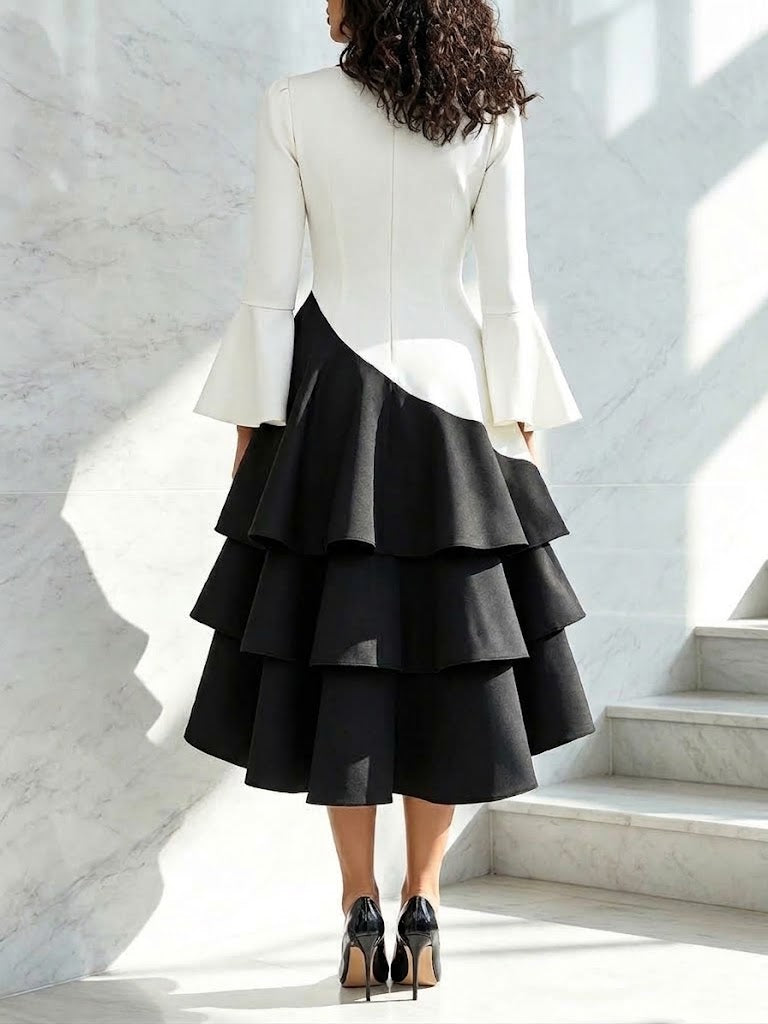 Elegant Black And White Color-block Midi Dress With Tiered Ruffles