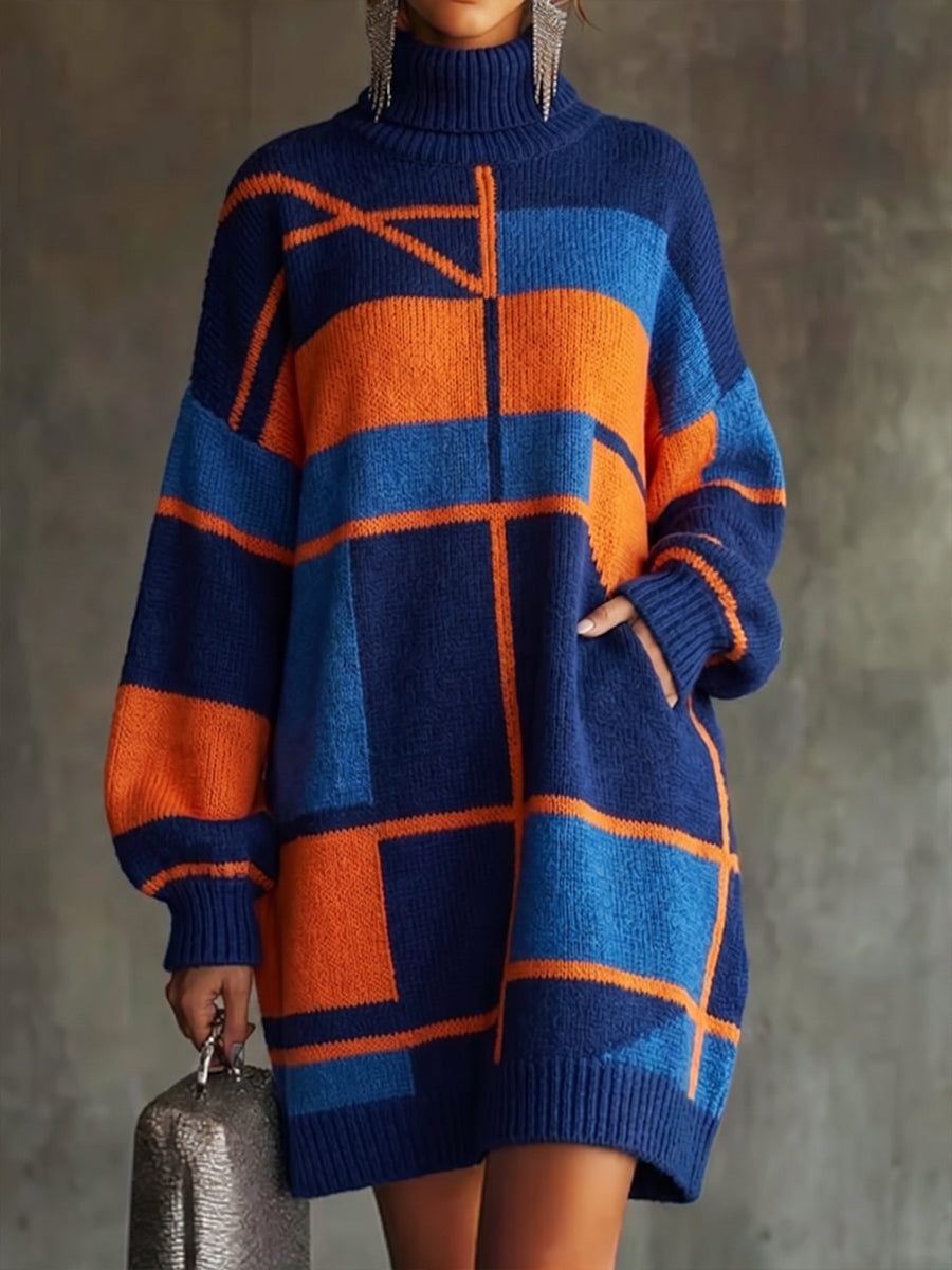 Cozy Color-Block Turtleneck Knit Sweater Dress