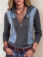 Women's Collared Long-sleeved Casual Loose Knit Patchwork Denim Hooded Cardigan