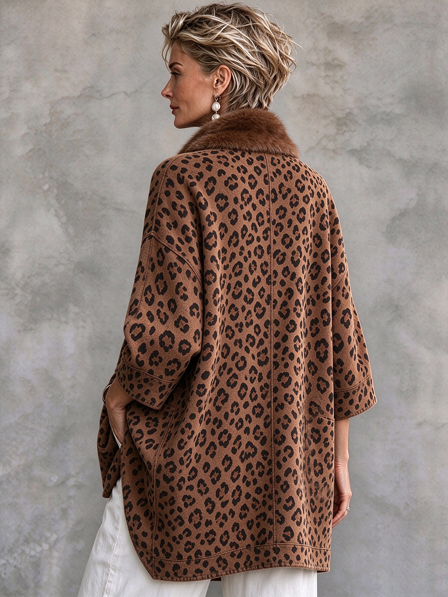 Boho Relaxed Open-front Faux Fur Trim Leopard Print Cardigan