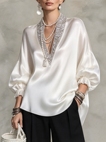 Elegant Formal Sparkling Embellished Satin Blouse