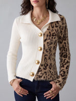 Women's Two-Tone Ribbed Knit and Leopard Print Cardigan