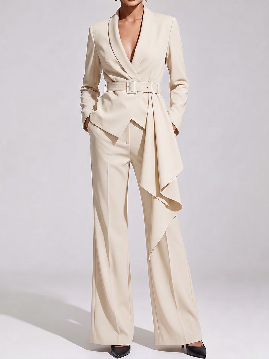 Women's Solid Color Lapel Long Sleeve Casual Loose Fit Suit High Waist Wide Leg Pants Set