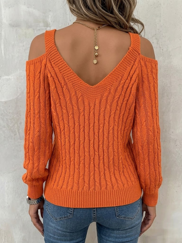 Casual Solid-color Cable-knit Off-shoulder Lantern-sleeve Sweater