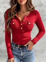 Chic Ribbed Knit Top With Buttons