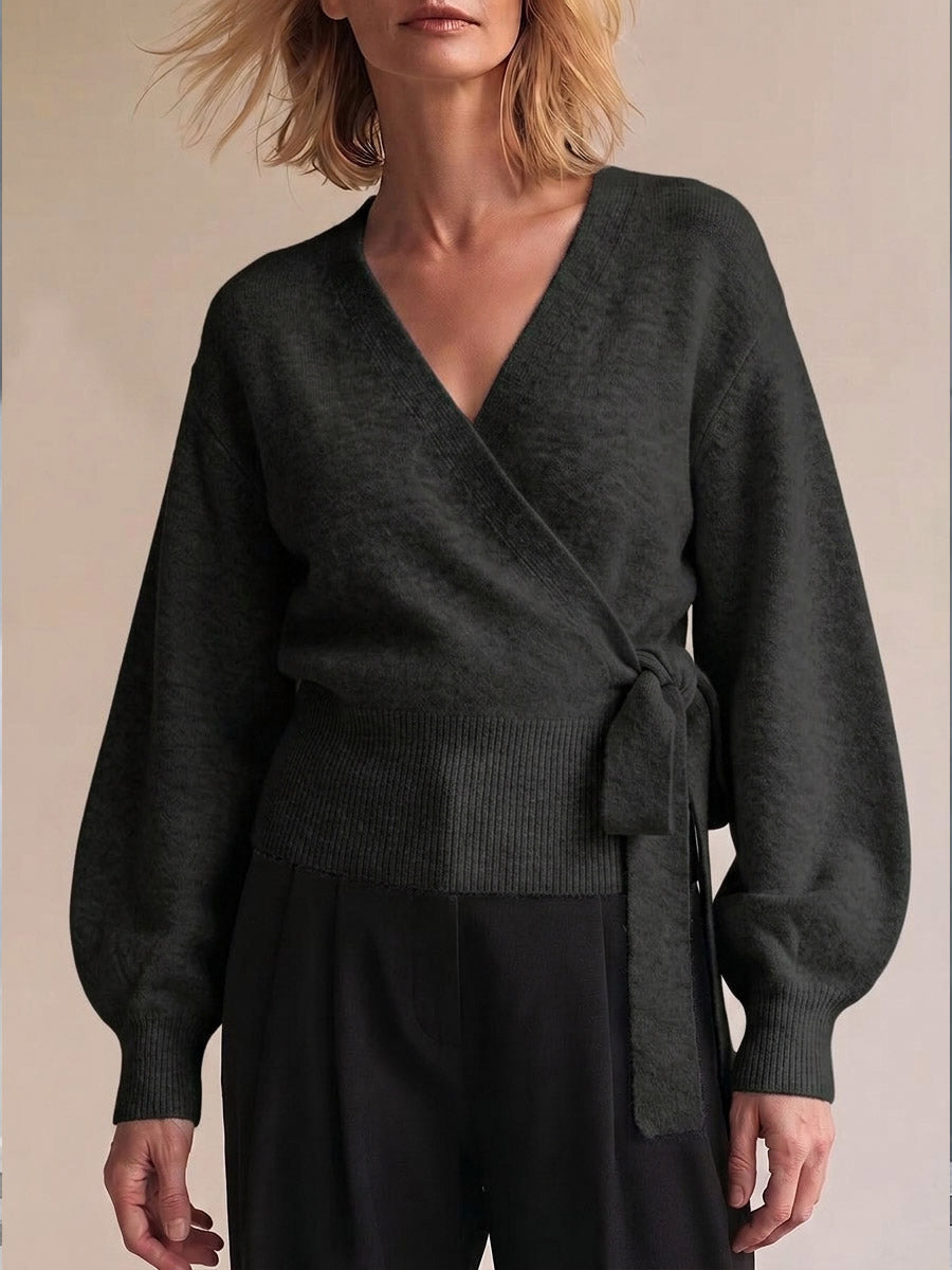 Women's Solid Color V-neck Long Sleeve Casual Loose Tie-waist Knit Top