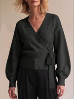 Women's Solid Color V-neck Long Sleeve Casual Loose Tie-waist Knit Top