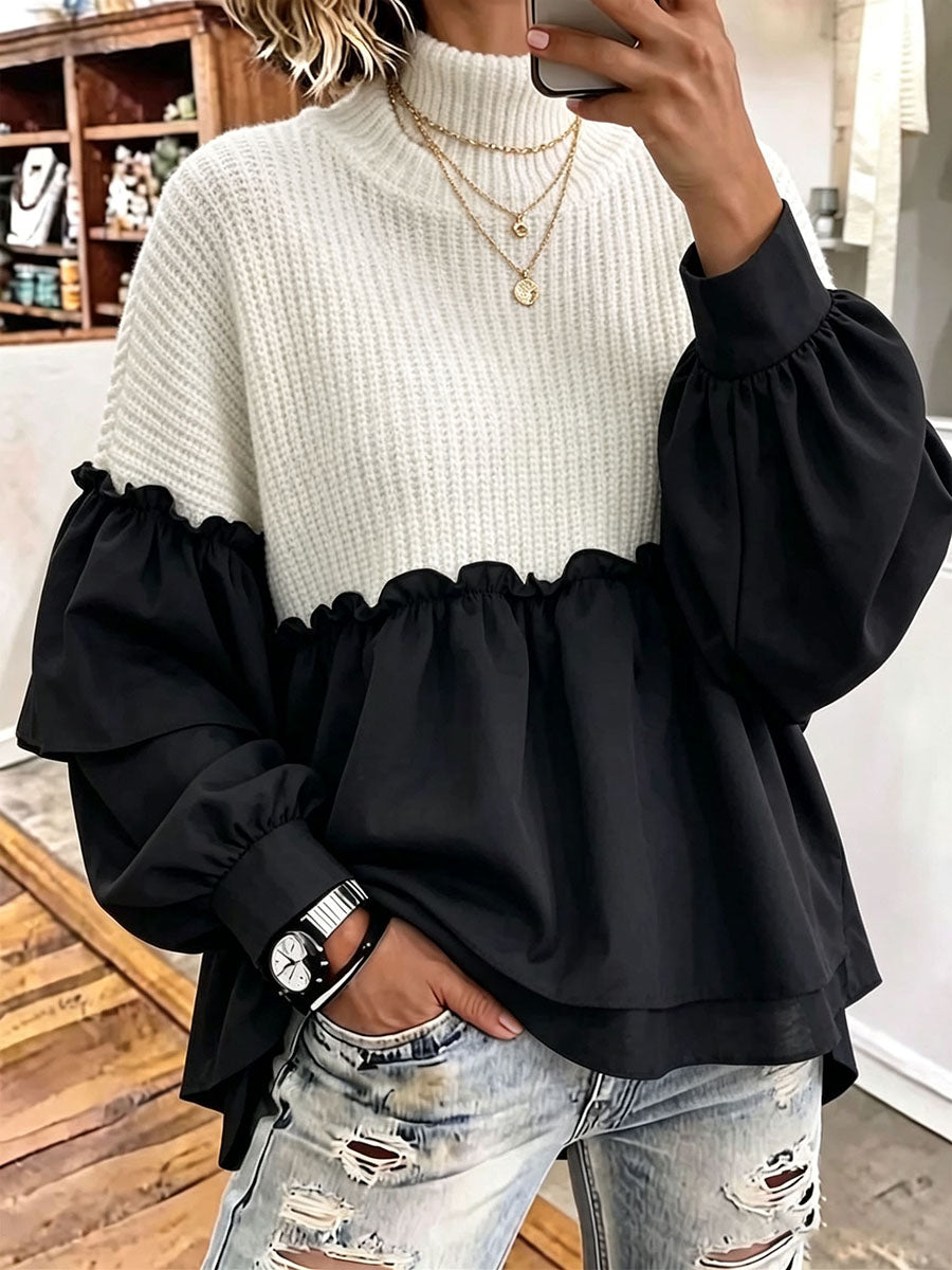 Chic Ruffle Color-block Mock Turtleneck Knit Top