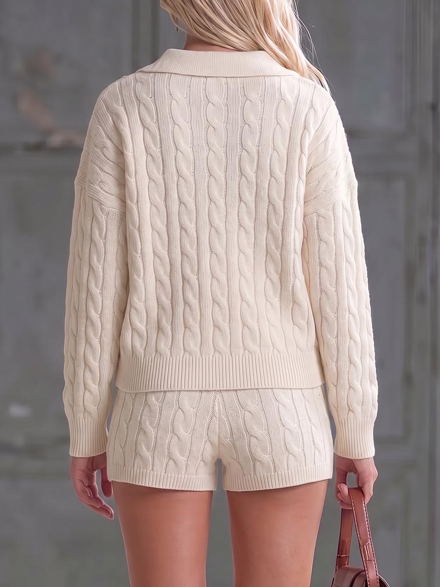 Women's Solid Color Collared Long-sleeved Casual Loose Knit Top And High-waisted Shorts Knit Set