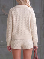 Women's Solid Color Collared Long-sleeved Casual Loose Knit Top And High-waisted Shorts Knit Set