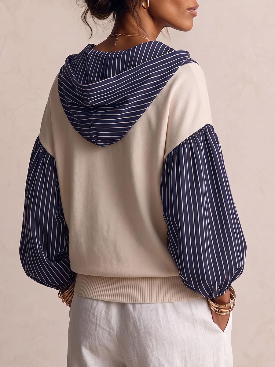 Women's Striped Print Patchwork V-neck Long-sleeved Casual Loose Hooded Pullover Top