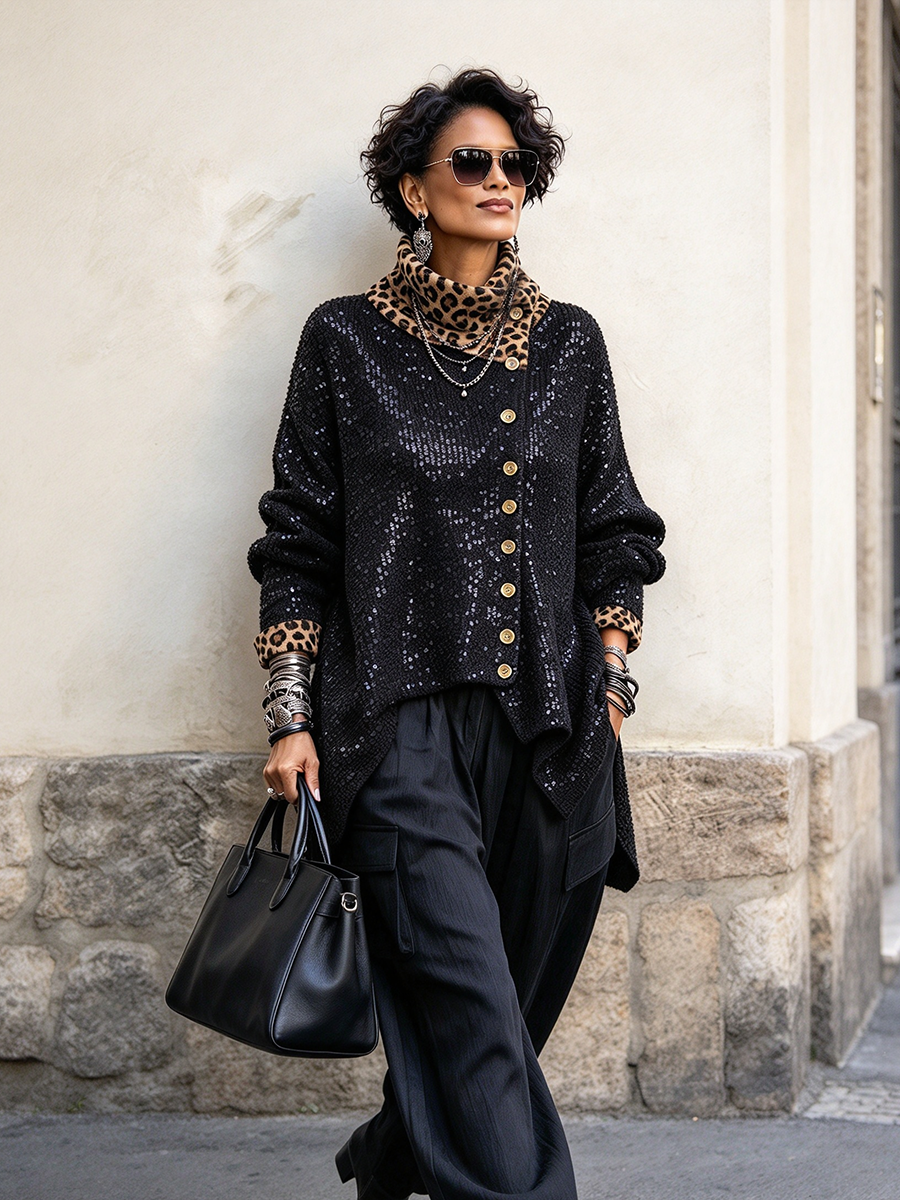 Sparkly Chic Party Asymmetrical Button Sweater