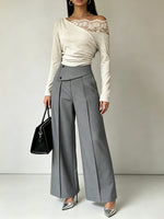 Chic And Sophisticated Grey Wide-leg Trousers With A Wrap-waist Design.