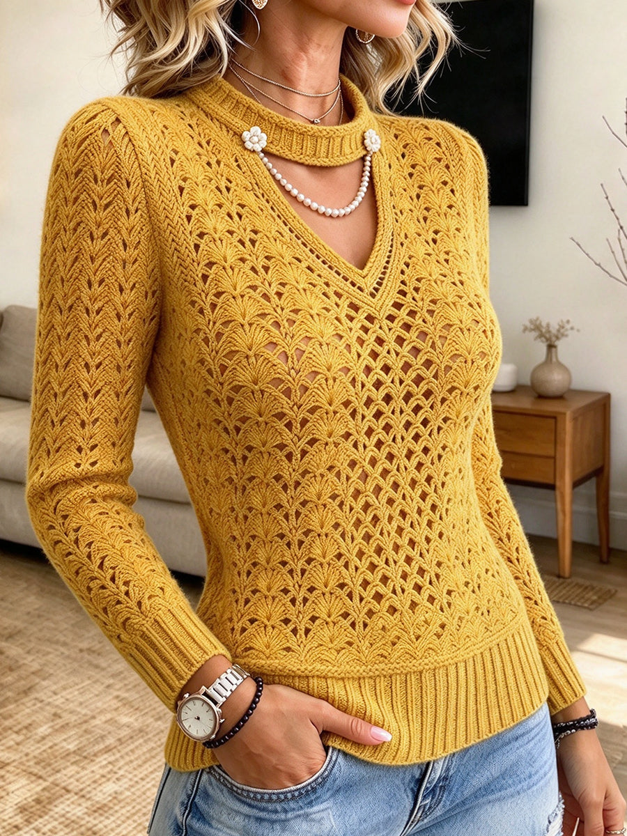 Chic Cutout Knit Top With Floral And Pearl Chain Embellishments