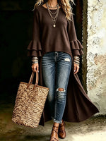 Chic Long-line Knitted Cardigan With Multi-layered Ruffled Sleeves