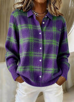 Casual Plaid Button-front Knit Cardigan With A Collar
