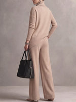 Women's Solid Color Turtleneck Long-sleeved Casual Loose Knit Top And High-waisted Wide-leg Knit Set