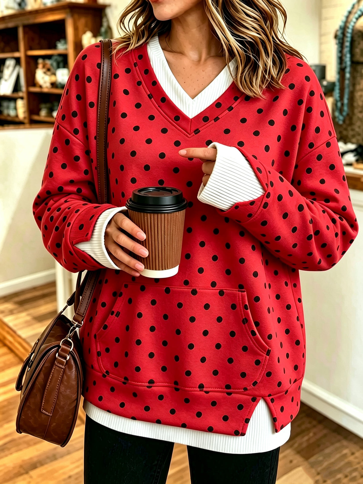 Comfortable Color Block Polka Dot Layered-Look Sweatshirt