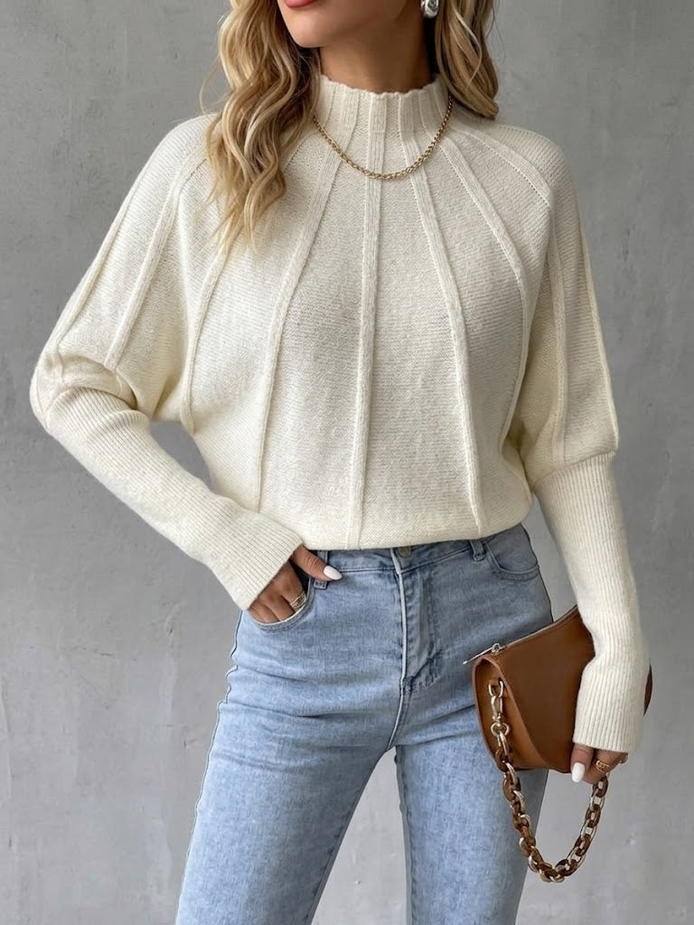 Solid-color Mock-neck Knit Pullover With Batwing Sleeves—a Versatile Staple