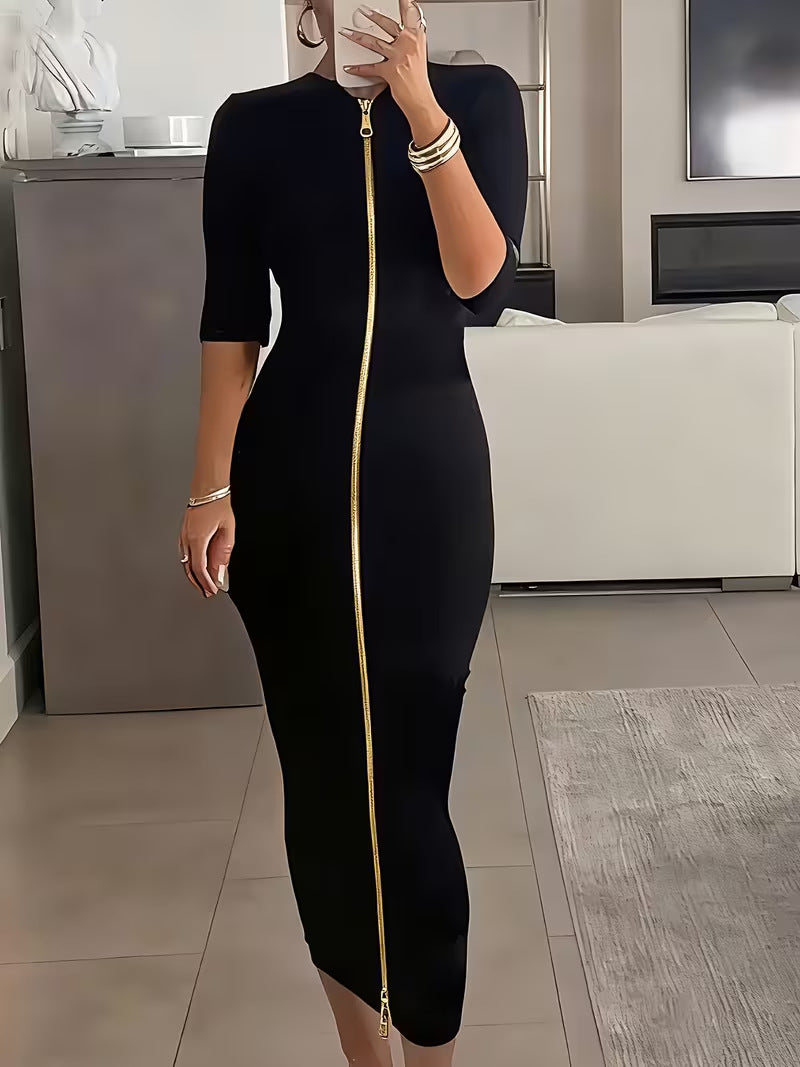Gold-zip Front Slim-fit Stretch Knit Midi Dress