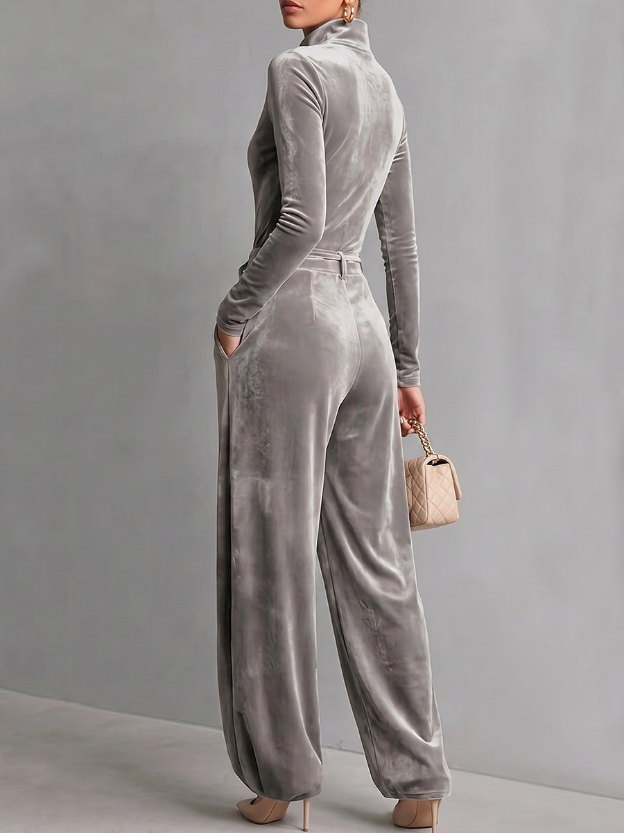 Women's Solid Color Stand Collar Long Sleeve Casual Loose Velvet Wide Leg Jumpsuit