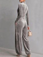 Women's Solid Color Stand Collar Long Sleeve Casual Loose Velvet Wide Leg Jumpsuit
