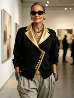 Chic Black Ribbed Knit Cardigan With Metallic Gold Lapels