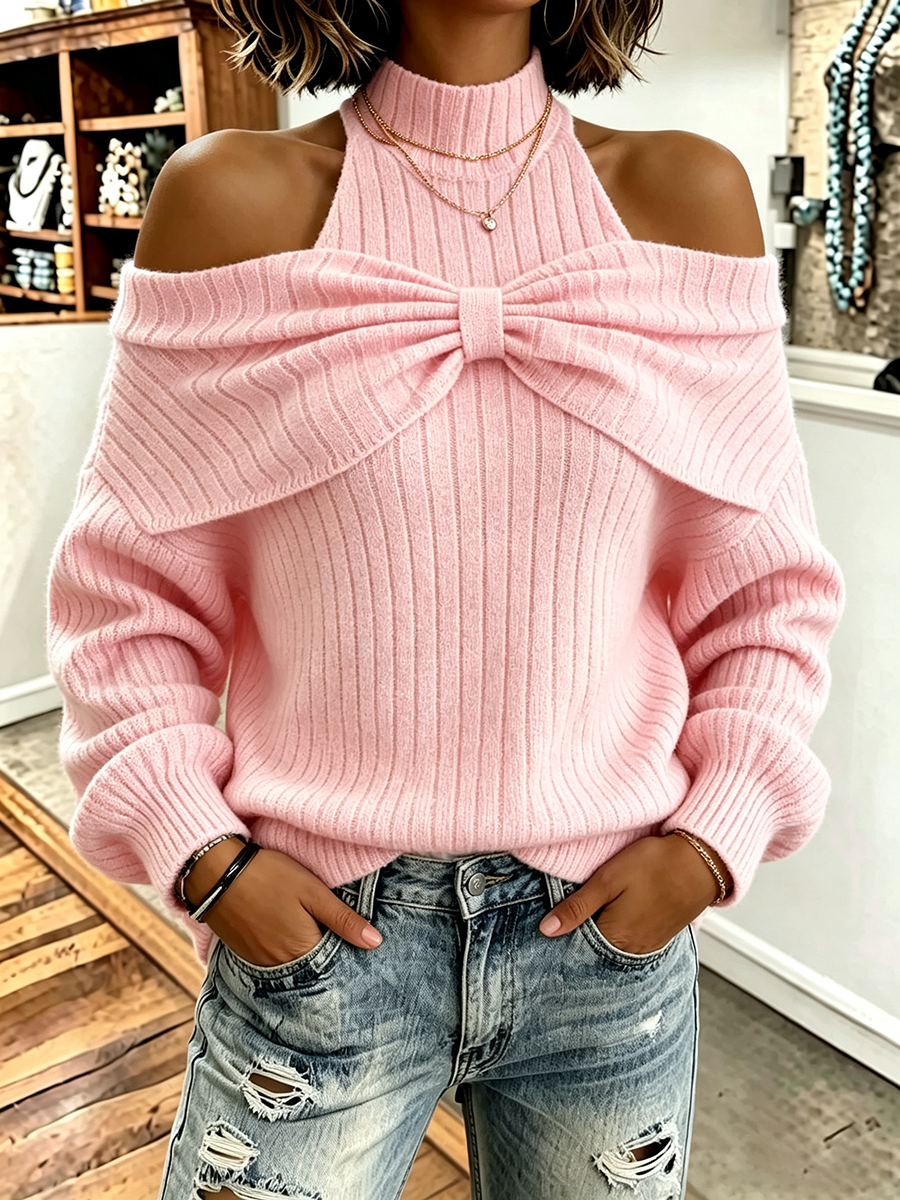 Chic Large Bowknotcold-shoulder Knit Sweater