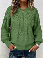 Vertical Cable Knit Raglan Balloon‑sleeve Crew Neck Sweater