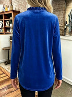 Solid-color V-neck Long-sleeve Top With Ruffle Details And A Velvet-like Texture