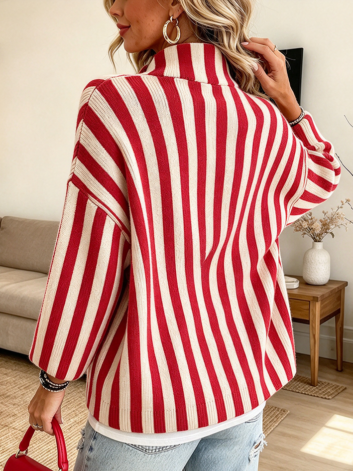 Casual Vibrant Red Striped Ribbed Cardigan