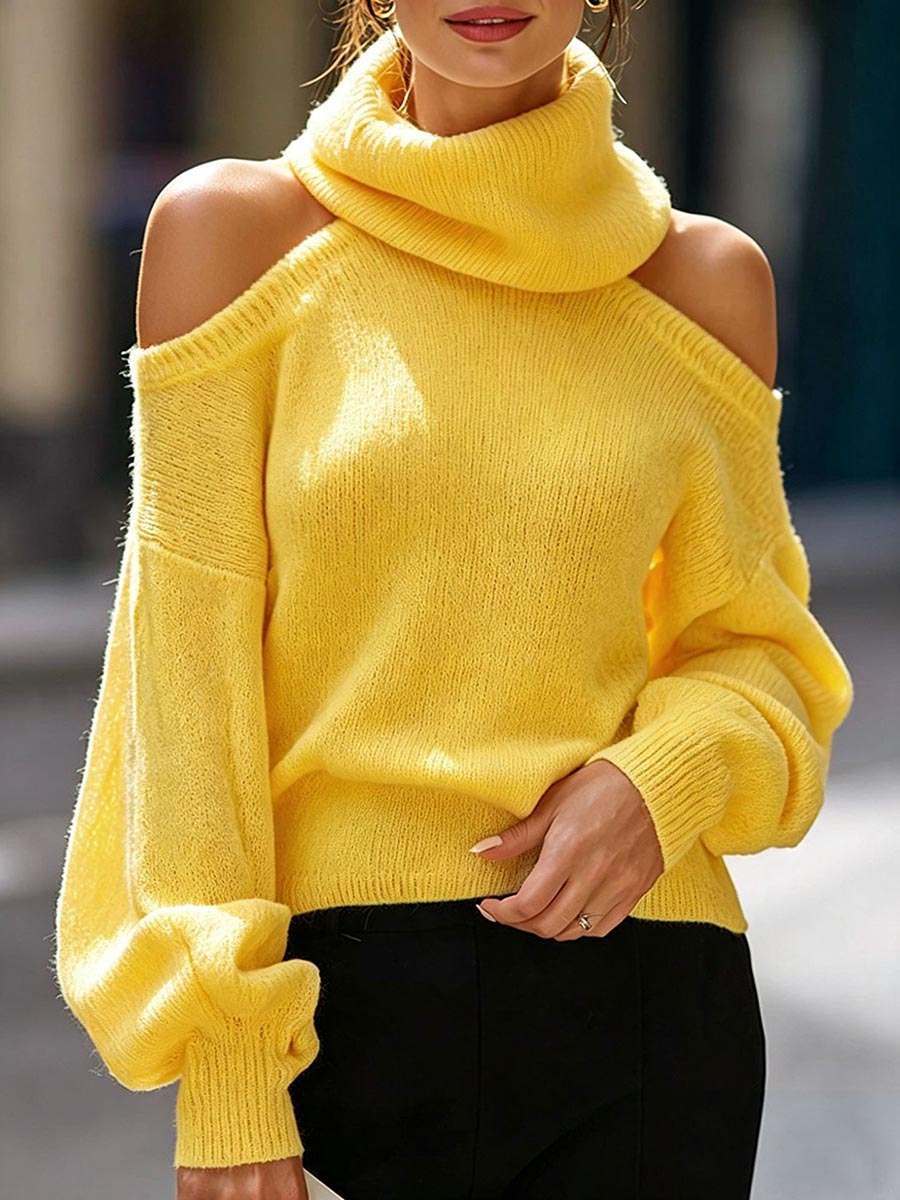 Women's Solid Color Stand Collar Off-shoulder Long Sleeve Casual Loose Knit Sweater