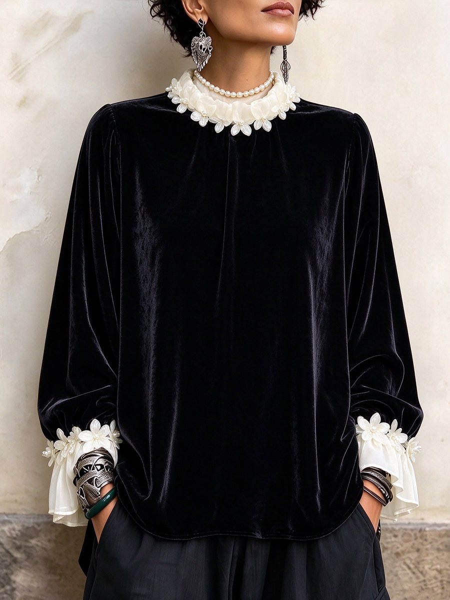 Elegant And Exquisite Velvet Top With Three-dimensional Floral Embellishments