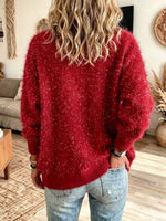 Women's Fuzzy Red Sparkle Button-down Cardigan