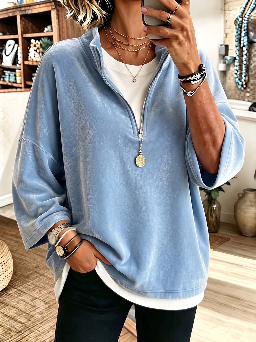 Women's Solid Color Stand Collar 3/4 Sleeve Casual Loose Velvet Pullover Top