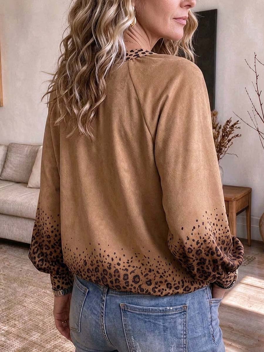 Women's V-neck Leopard Print Spliced Long Sleeve Blouse