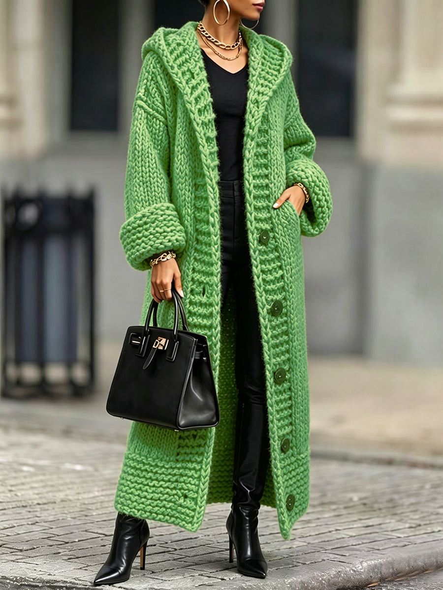 Casual, Relaxed-fit, Long, Chunky-knit Hooded Cardigan