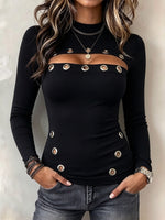 Chic Long-sleeve Knit Top With Metal Eyelet Cutouts