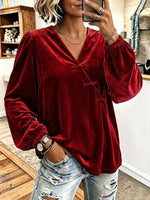 Velvet V-neck Top With Frog-closure Detailing And Long Puff Sleeves
