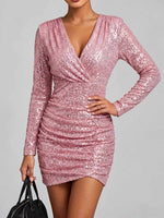 Women's Solid Color V-neck Long Sleeve Fashionable Slim Fit Sequin Bodycon Dress