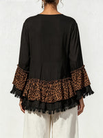Loose-fit Casual Leopard-print Cotton-linen Blend Top With Ruffles And Tassels.