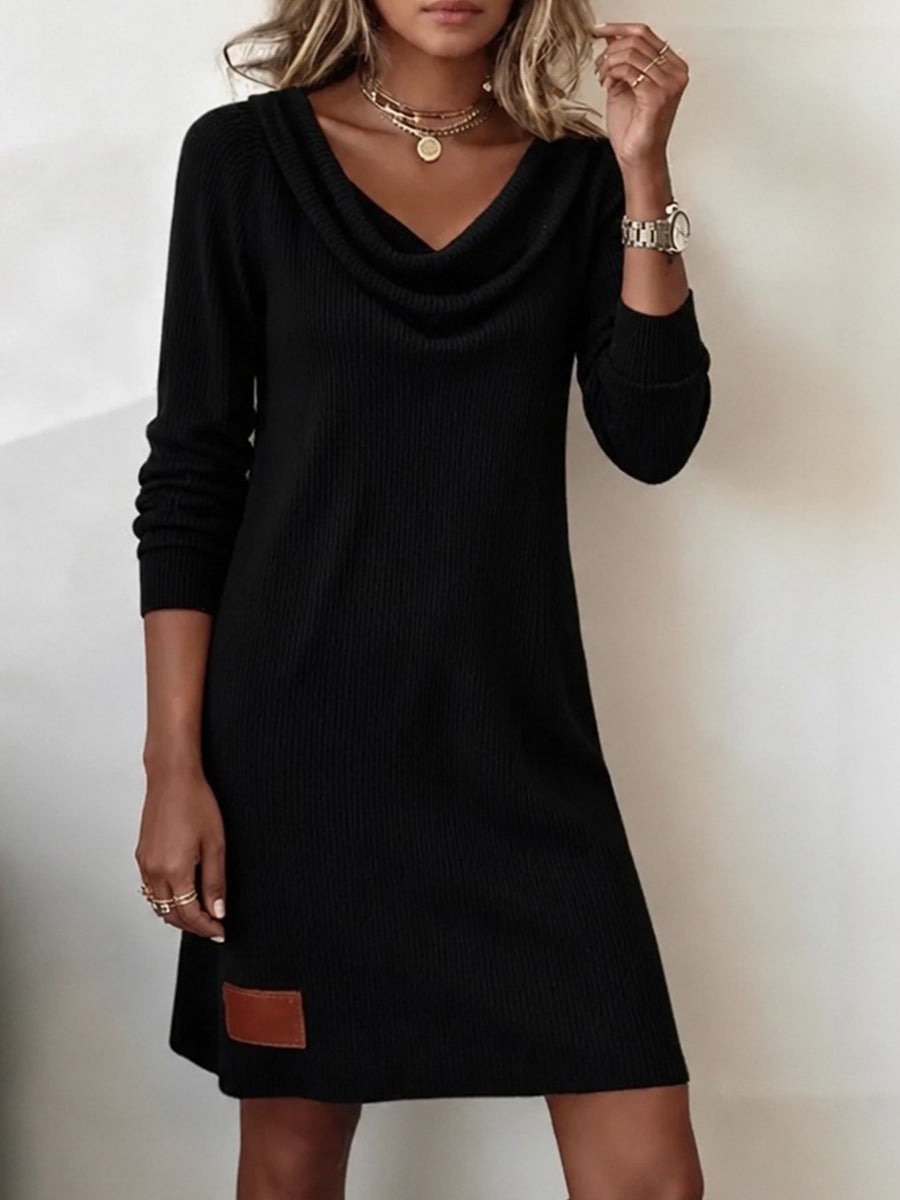Cowl-Neck Ribbed Knit Sweater Dress