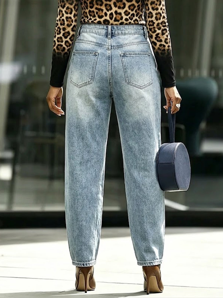 Casual Leopard-print Washed Jeans