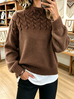 Chic Cozy Basketweave Cable-knit Mock Neck Sweater